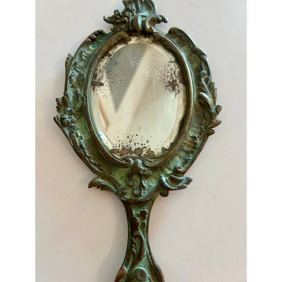 Antique French Louis XV Style Bronze Beveled Hand Mirror - Picture 2 of 6